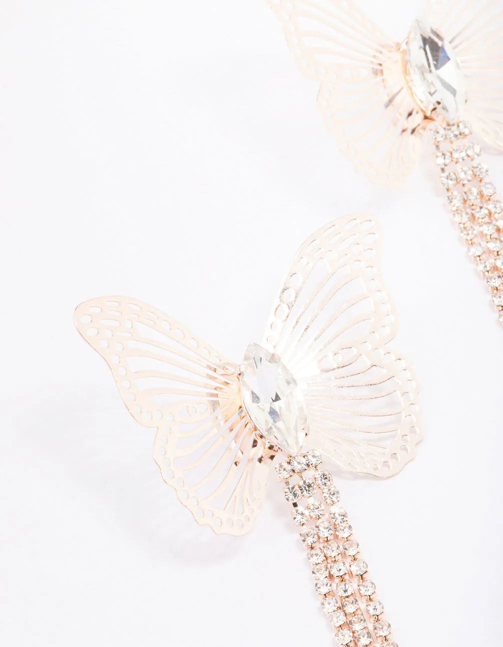 Rose Gold Butterfly Diamante Cupchain Drop Earrings