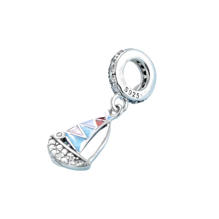 Sail Away Enamel Sailboat Crystal Dangle Charm 925 Sterling Silver