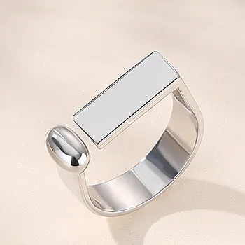 Silver ring for women, personalized design, textured geometric rectangular smooth open ring