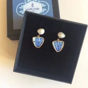 Small Blue & White Geometric Leaf Porcelain And Freshwater Pearl Earrings