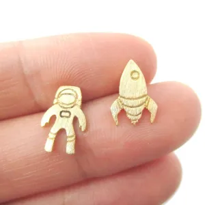 Spaceship and Astronaut Space Travel Themed Stud Earrings in Gold | DOTOLY