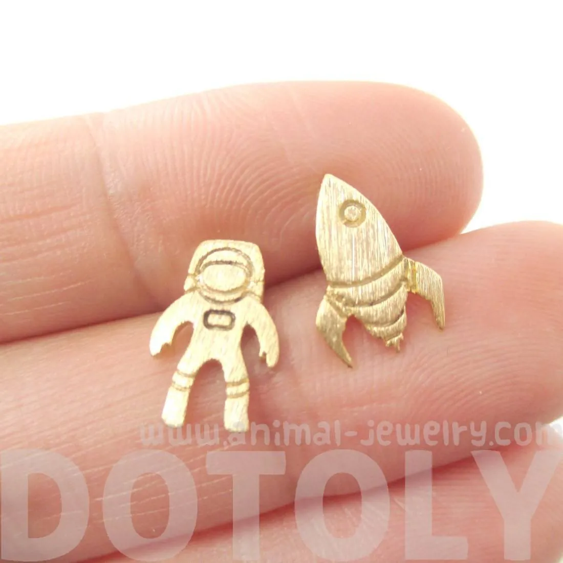 Spaceship and Astronaut Space Travel Themed Stud Earrings in Gold | DOTOLY