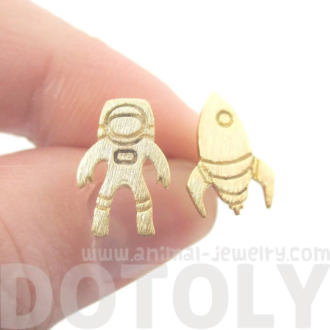 Spaceship and Astronaut Space Travel Themed Stud Earrings in Gold | DOTOLY