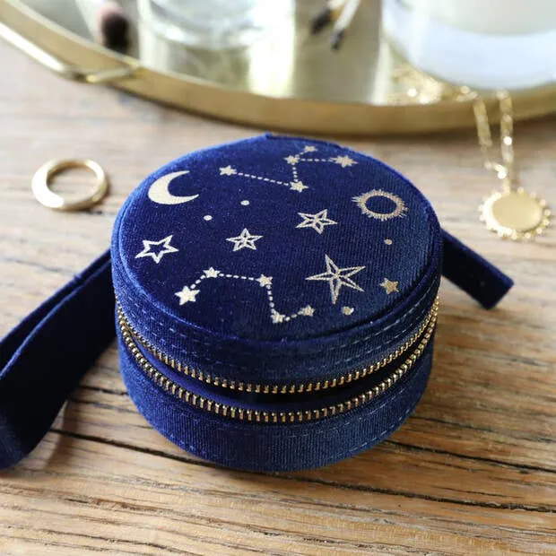 Starry Night Printed Velvet Round Jewelery Case in Navy