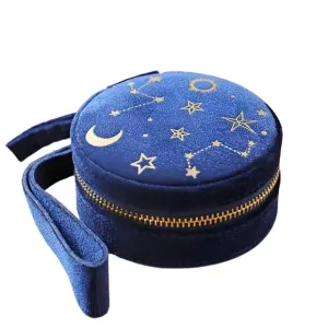 Starry Night Printed Velvet Round Jewelery Case in Navy