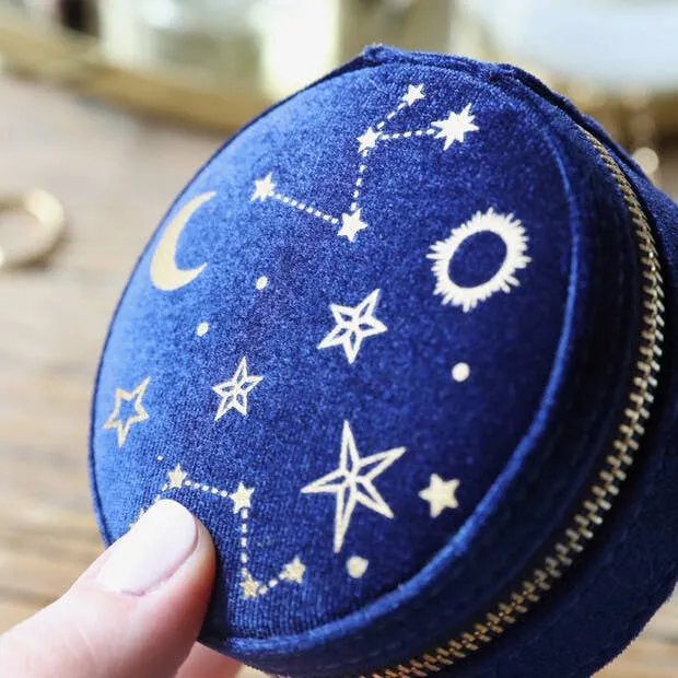 Starry Night Printed Velvet Round Jewelery Case in Navy