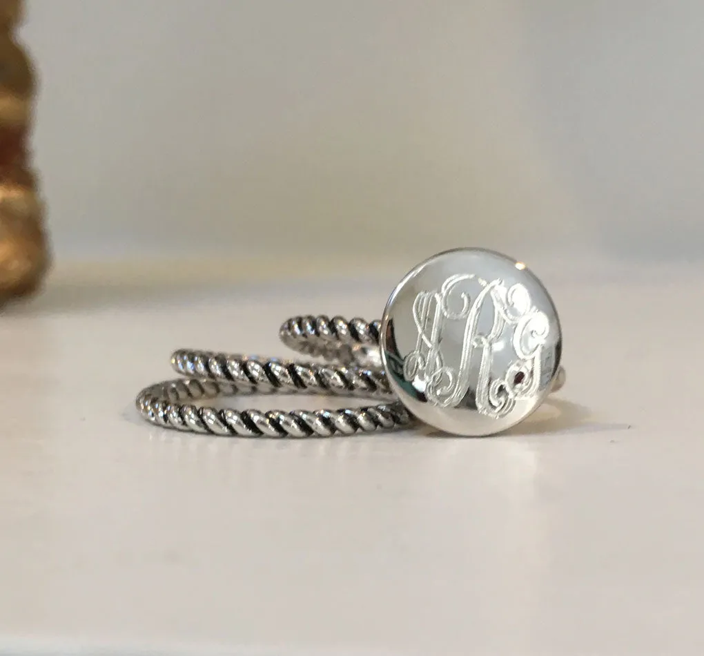 Sterling Silver Rope Trim Monogram Stacking Ring