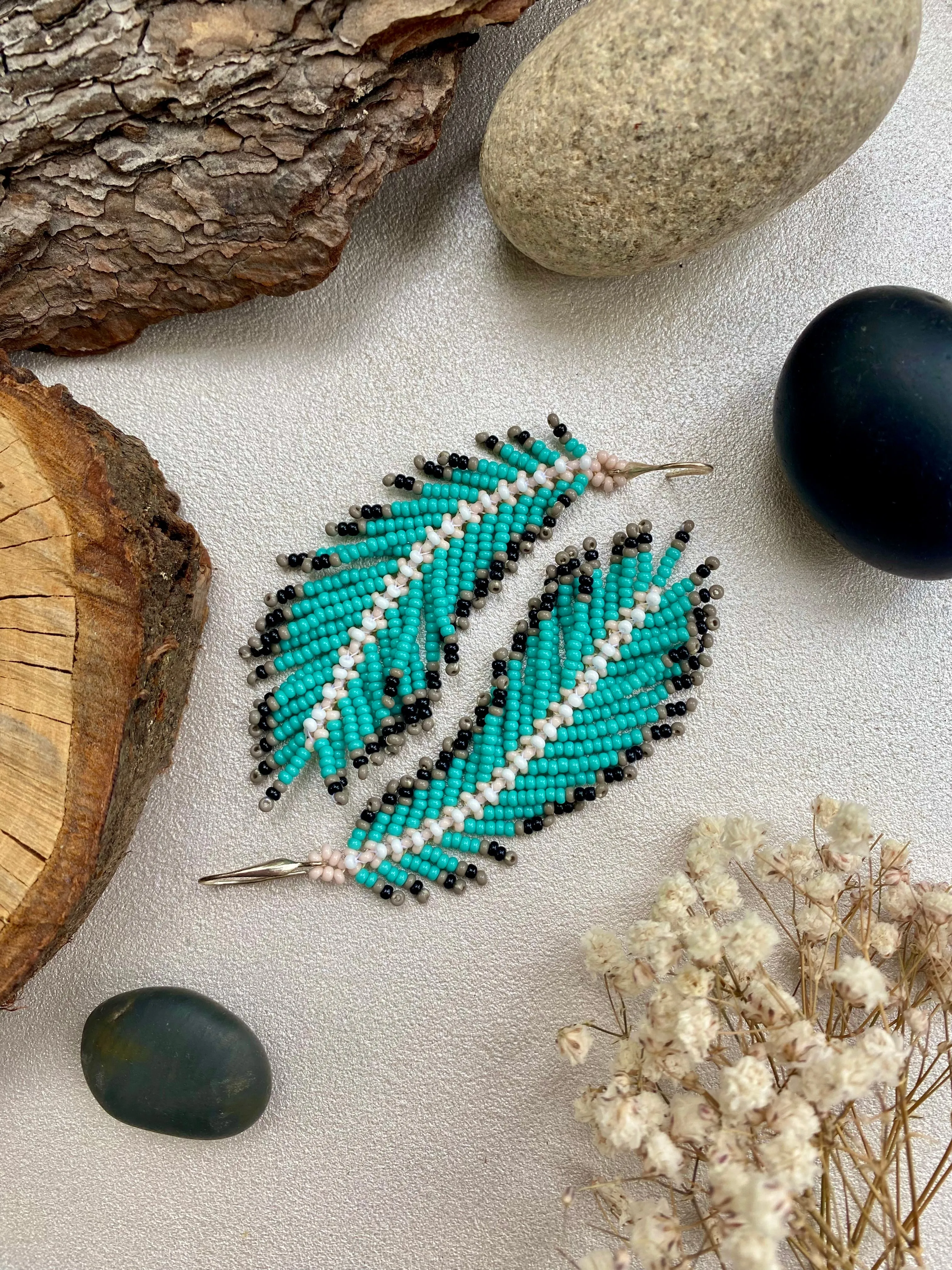 Turquoise Seed Bead Feather Earrings, Fringe Indigenous style Earrings Native inspired, Long Dangle Earrings, Blue Bohemian earrings, Unique Earrings