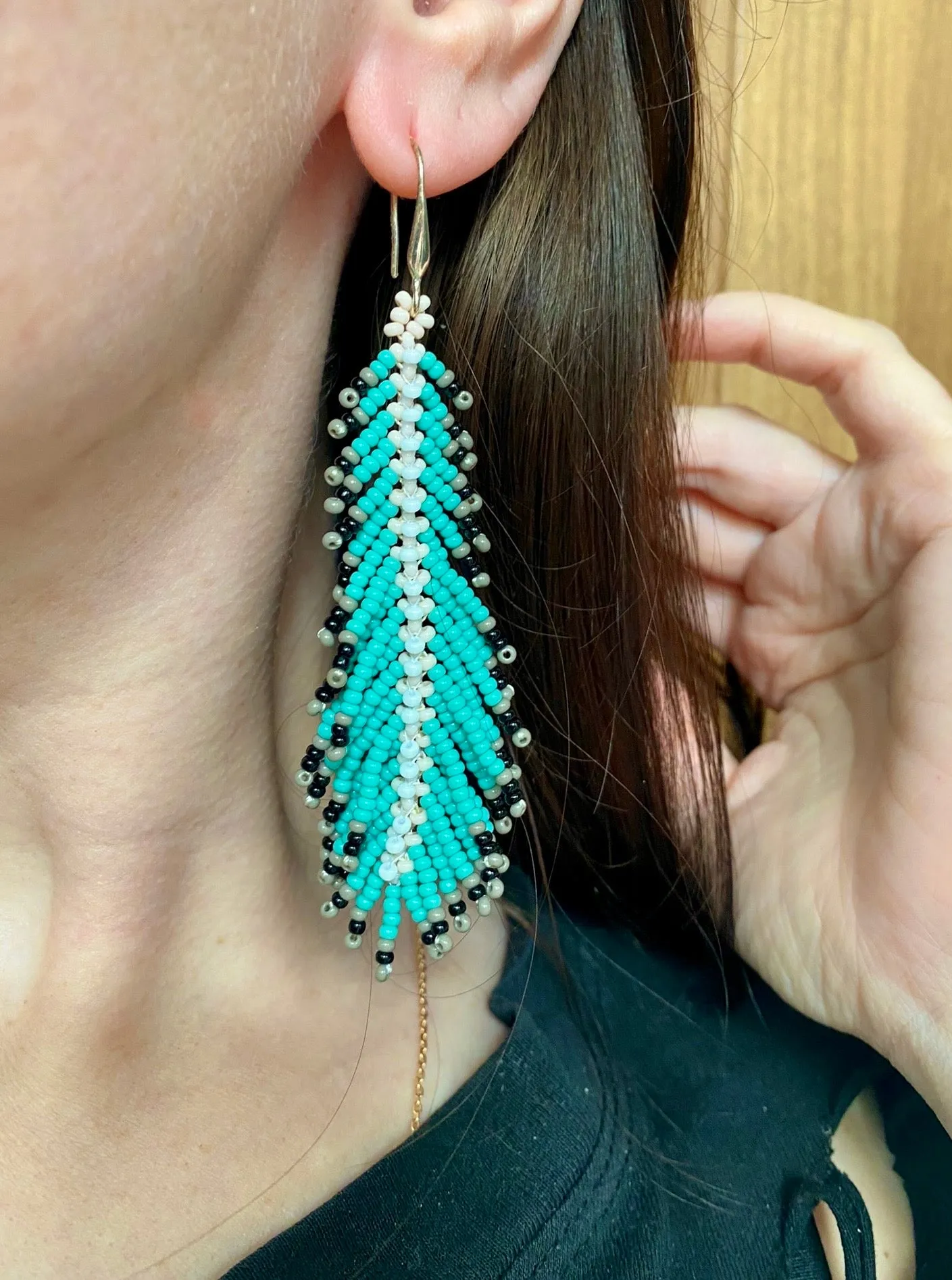 Turquoise Seed Bead Feather Earrings, Fringe Indigenous style Earrings Native inspired, Long Dangle Earrings, Blue Bohemian earrings, Unique Earrings