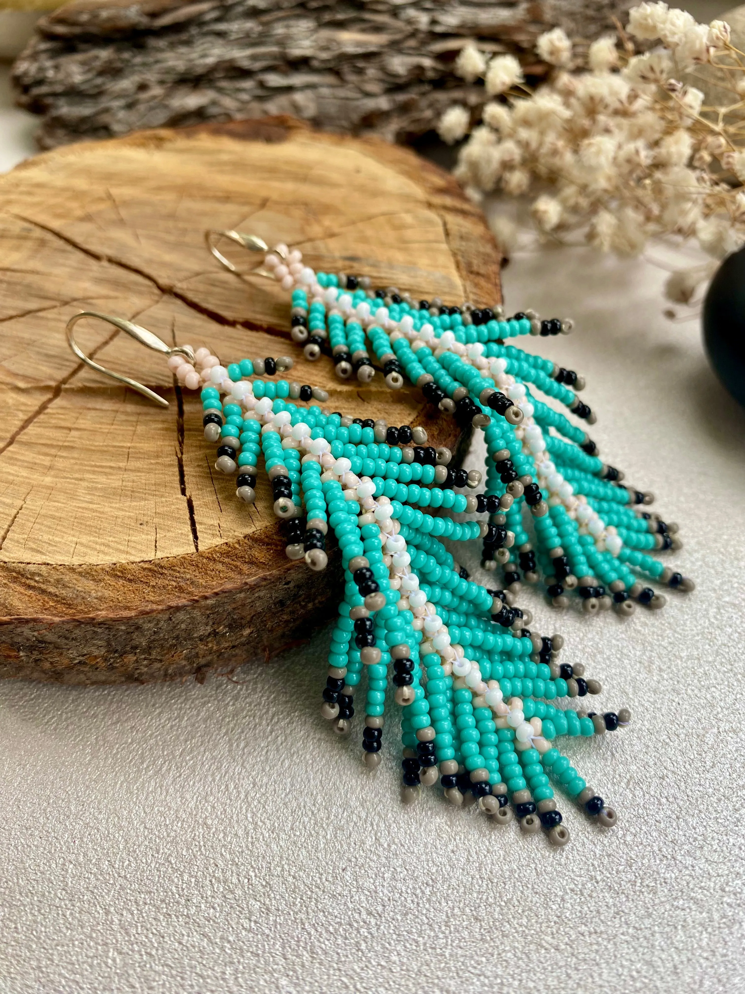 Turquoise Seed Bead Feather Earrings, Fringe Indigenous style Earrings Native inspired, Long Dangle Earrings, Blue Bohemian earrings, Unique Earrings