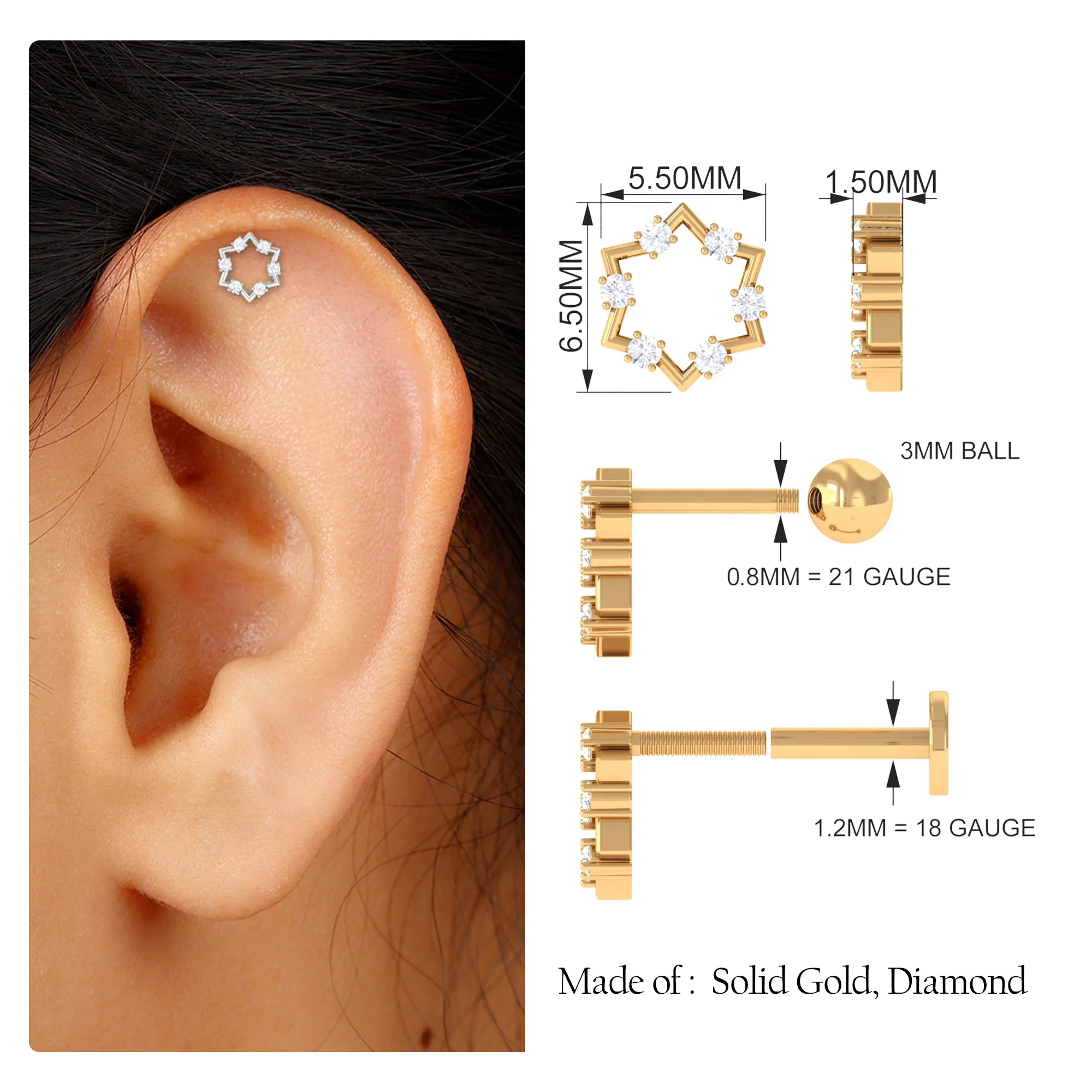 Unique Real Diamond Gold Star Earring for Cartilage Piercing