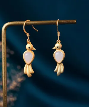 Unique White Inseparable King Bird Inlaid Hetian Jade Hoop Earrings