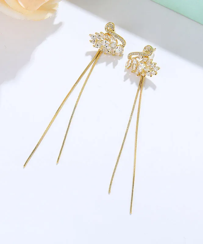 Unique White Swan Zircon 14K Gold Tassel Drop Earrings