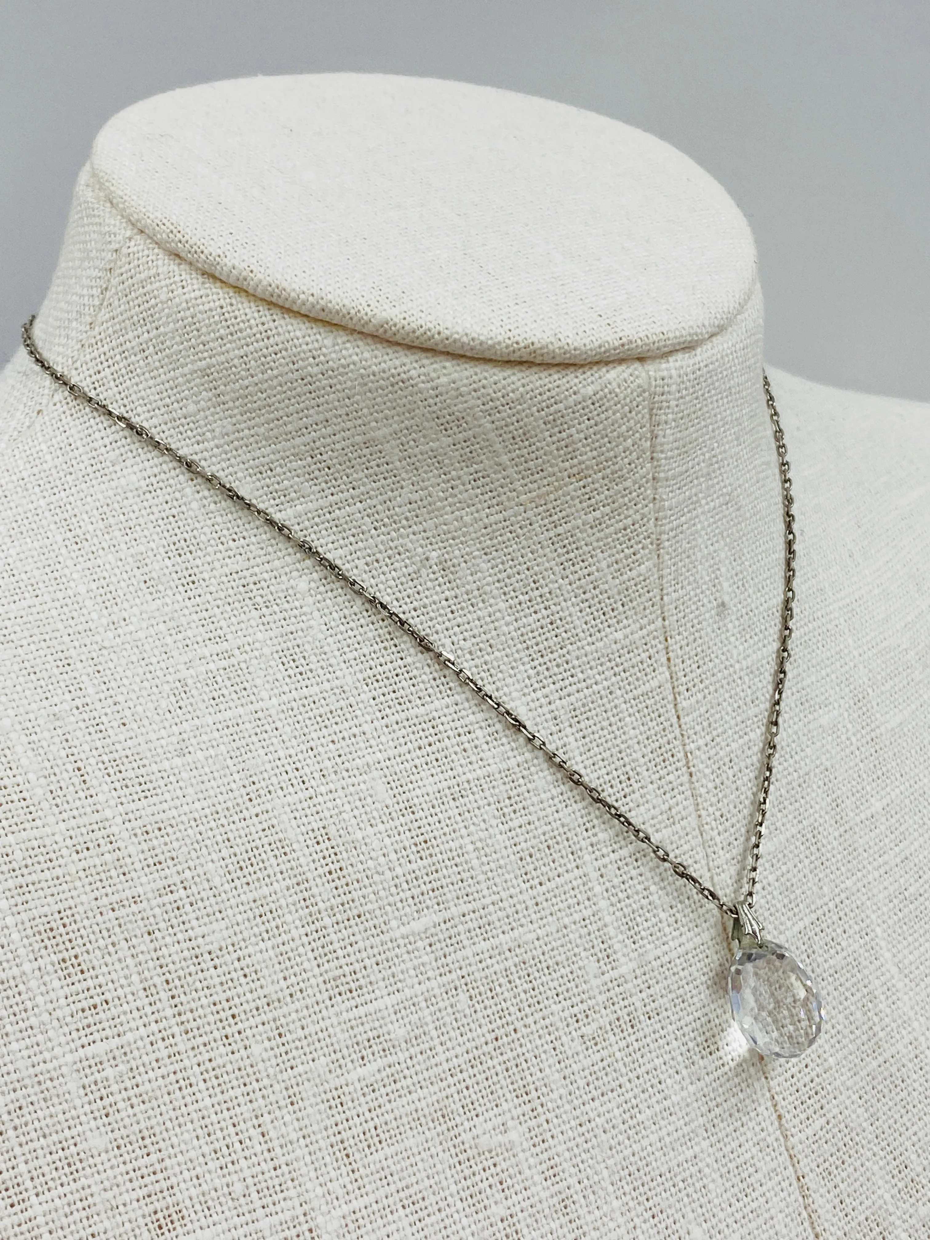 Vintage 1930s Dainty Silver Necklace with Crystal Teardrop Pendant