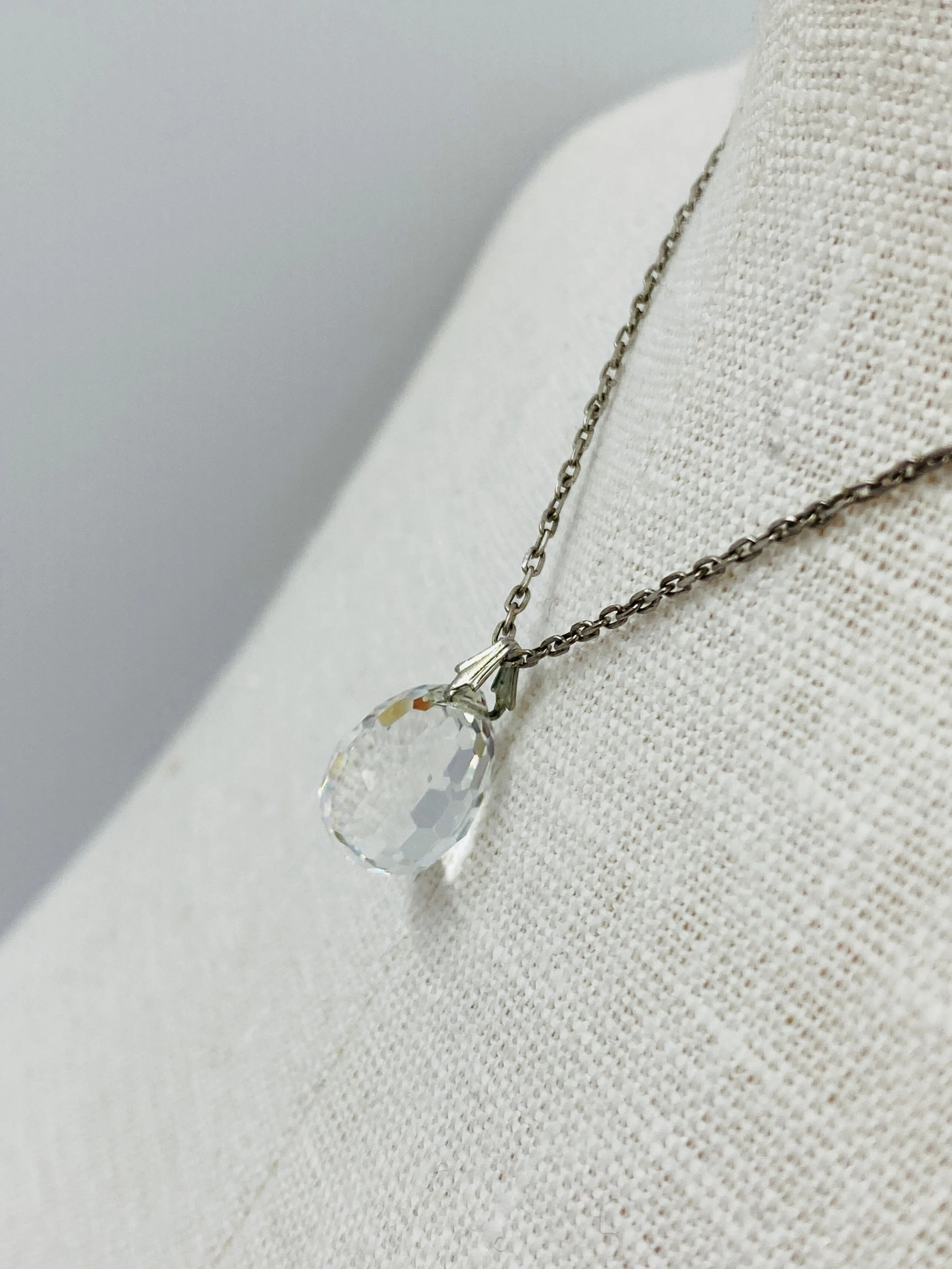 Vintage 1930s Dainty Silver Necklace with Crystal Teardrop Pendant