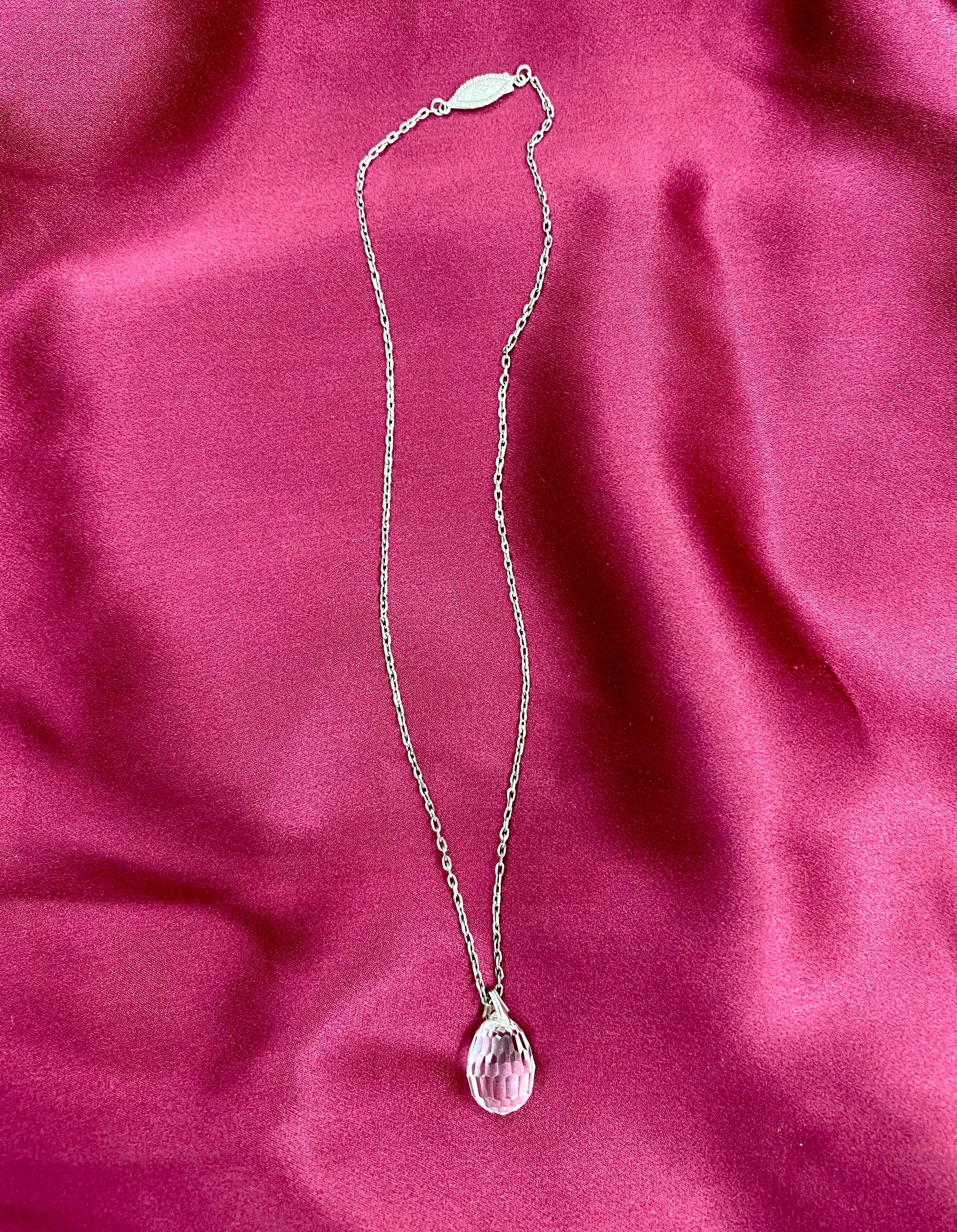 Vintage 1930s Dainty Silver Necklace with Crystal Teardrop Pendant