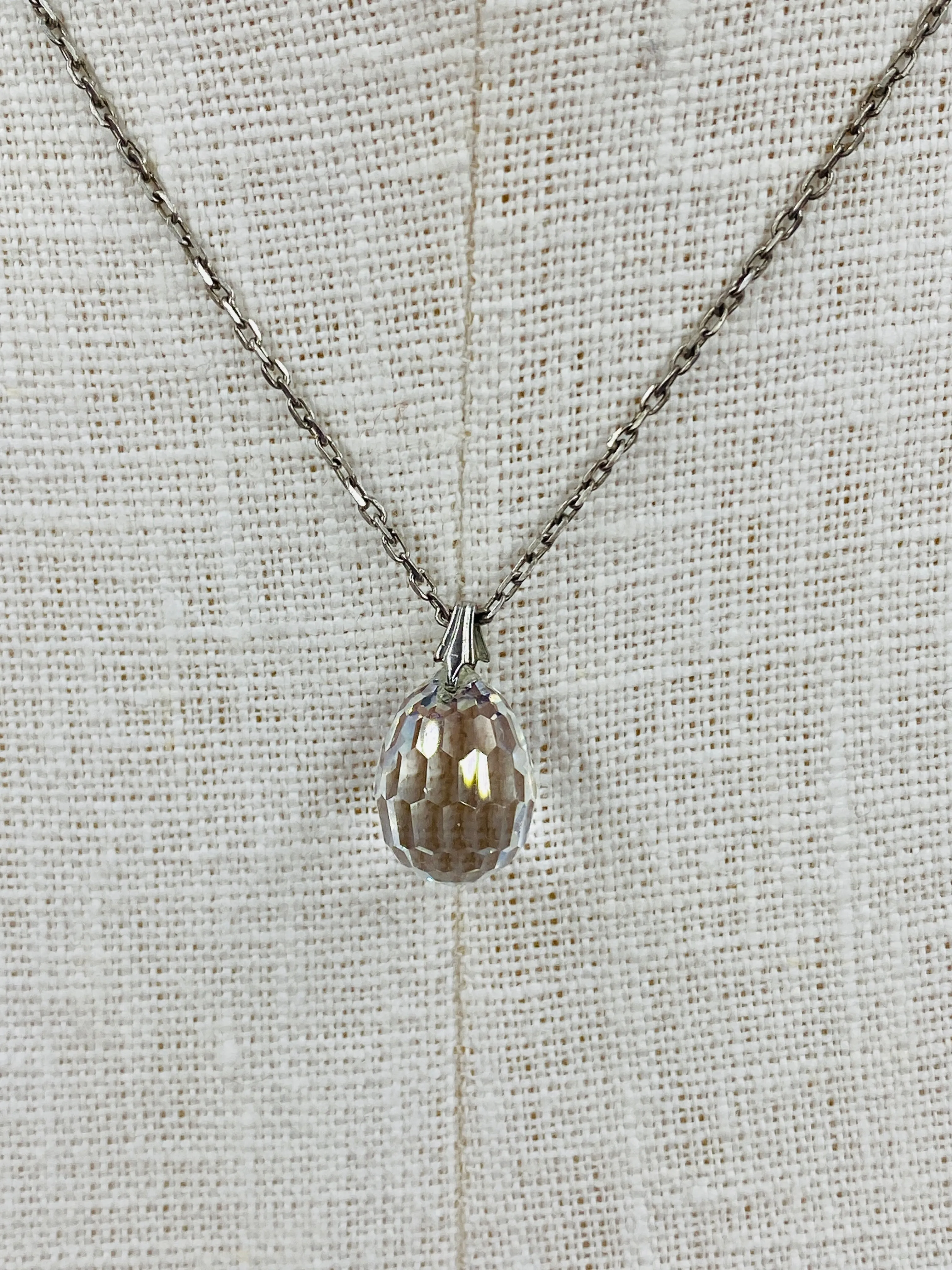 Vintage 1930s Dainty Silver Necklace with Crystal Teardrop Pendant