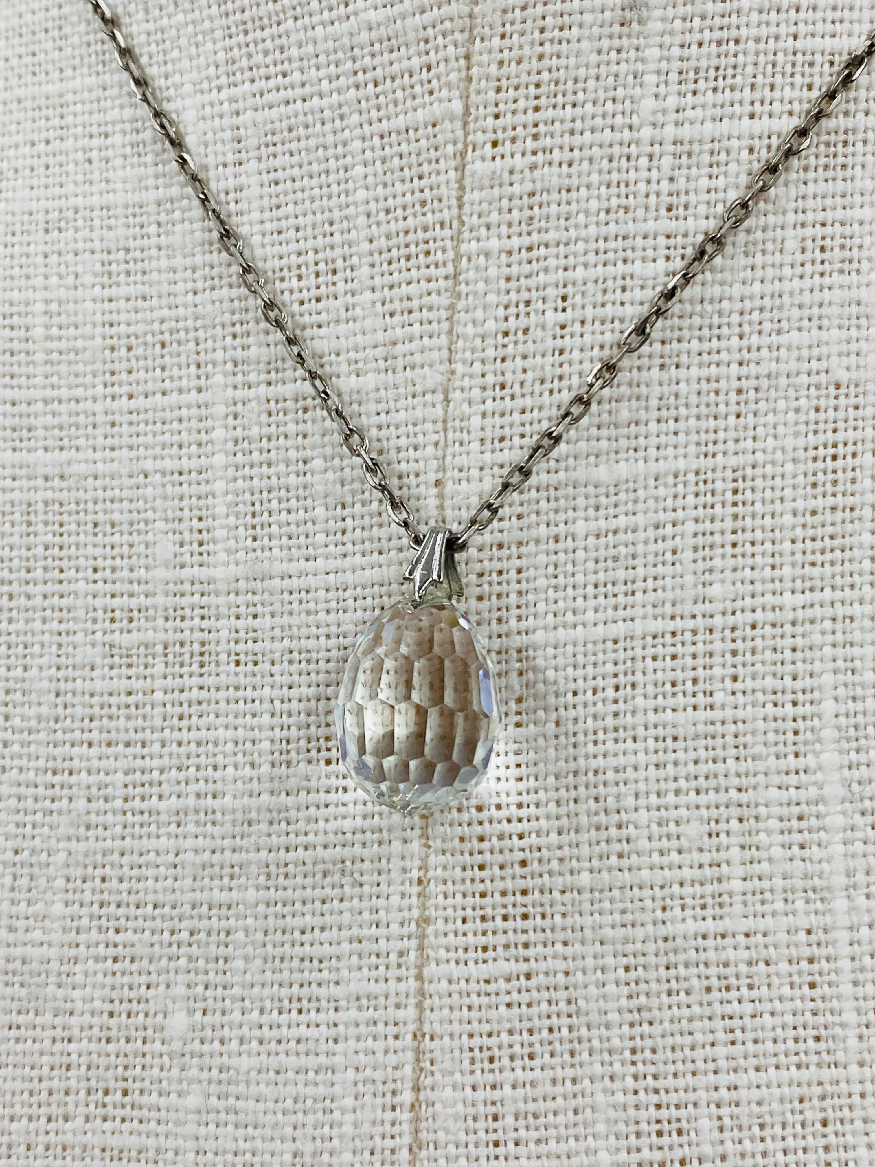 Vintage 1930s Dainty Silver Necklace with Crystal Teardrop Pendant