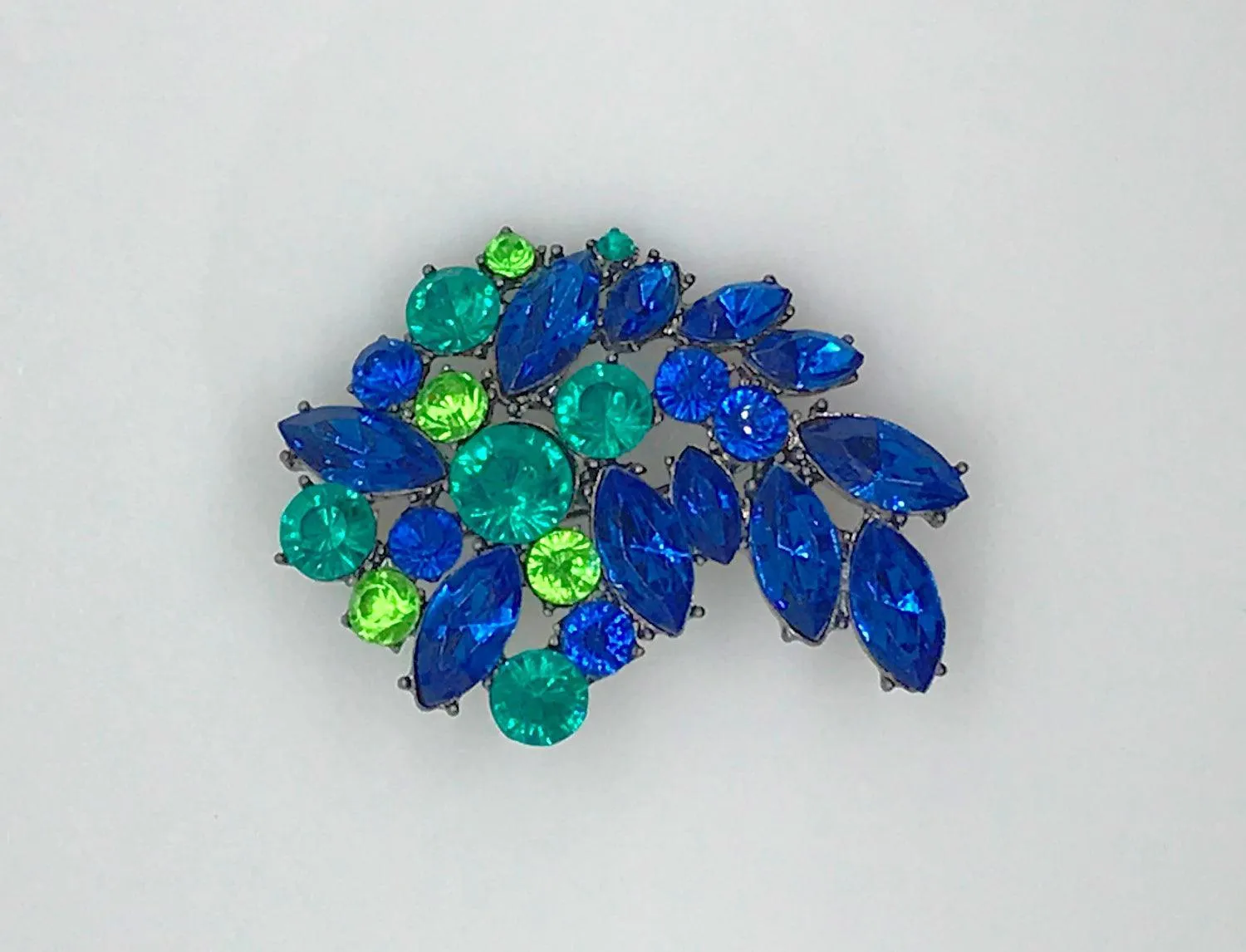 Vivid Vintage Blue, Aqua and Green Stones Brooch in Blackened Metal