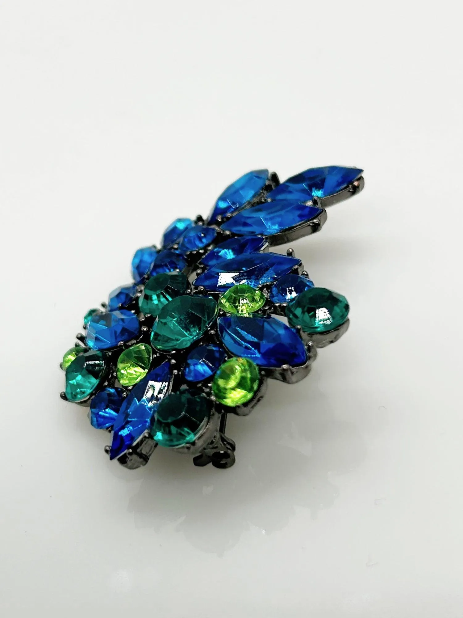 Vivid Vintage Blue, Aqua and Green Stones Brooch in Blackened Metal