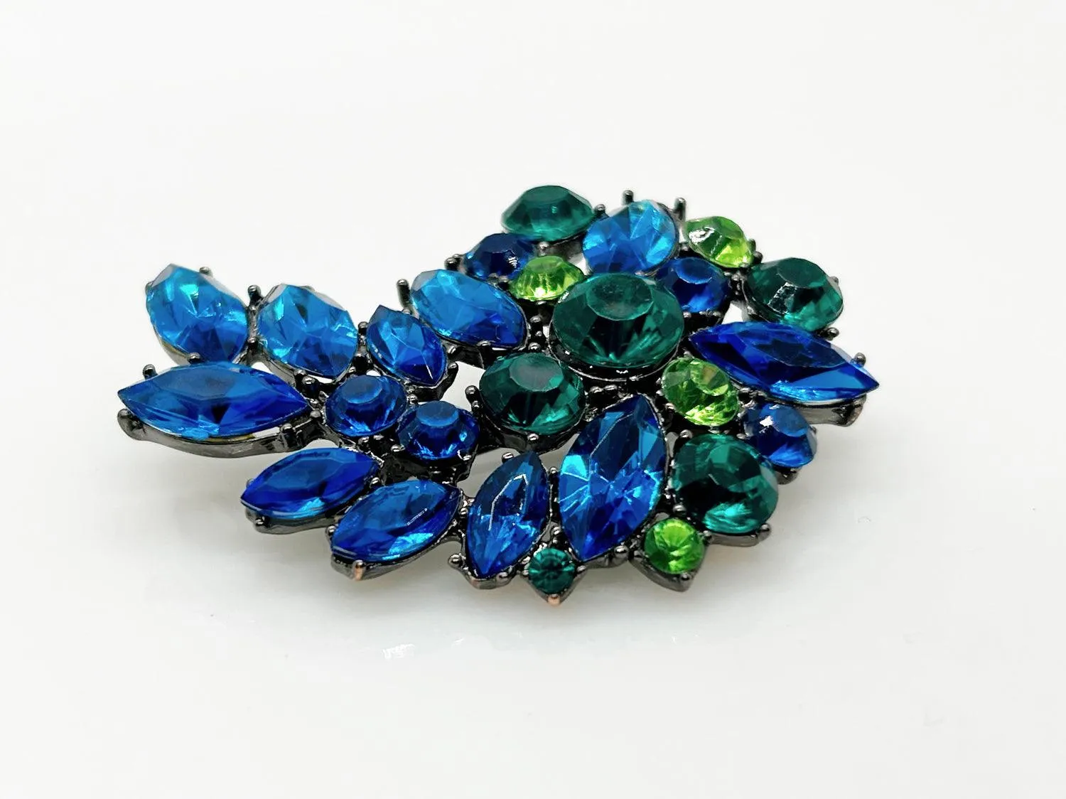 Vivid Vintage Blue, Aqua and Green Stones Brooch in Blackened Metal