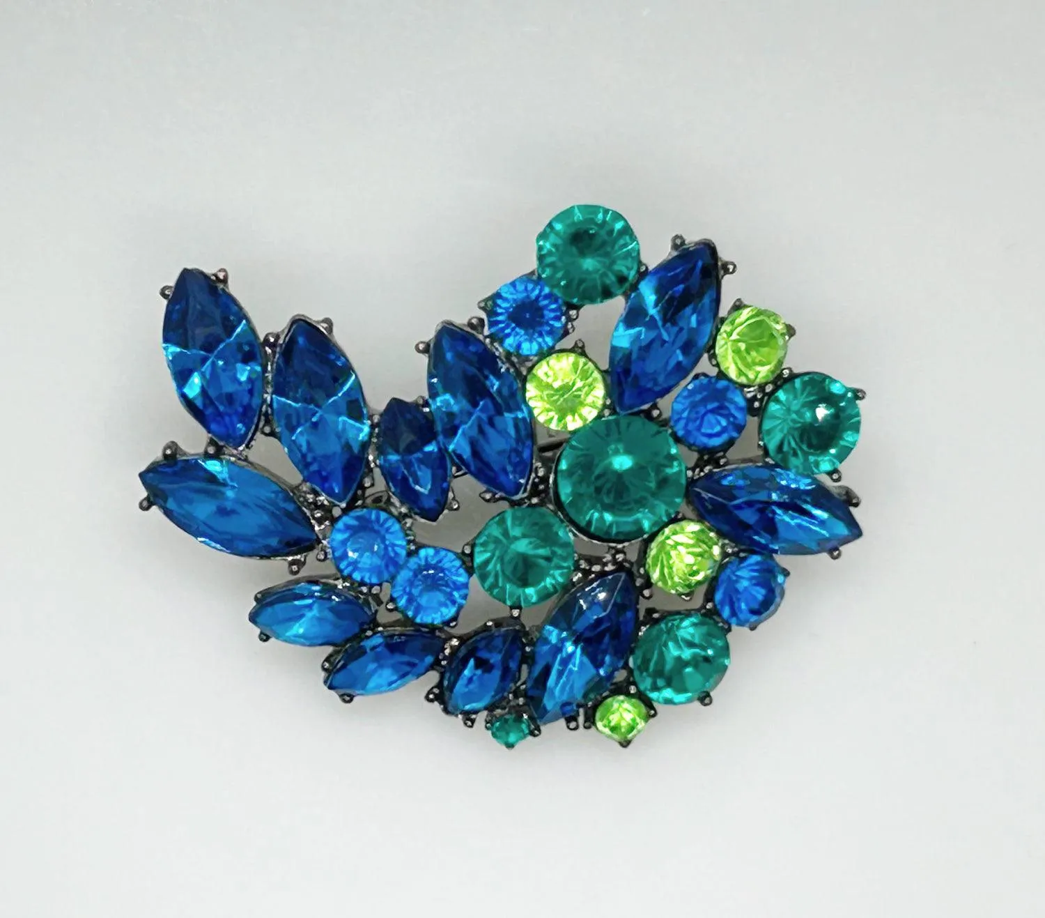 Vivid Vintage Blue, Aqua and Green Stones Brooch in Blackened Metal