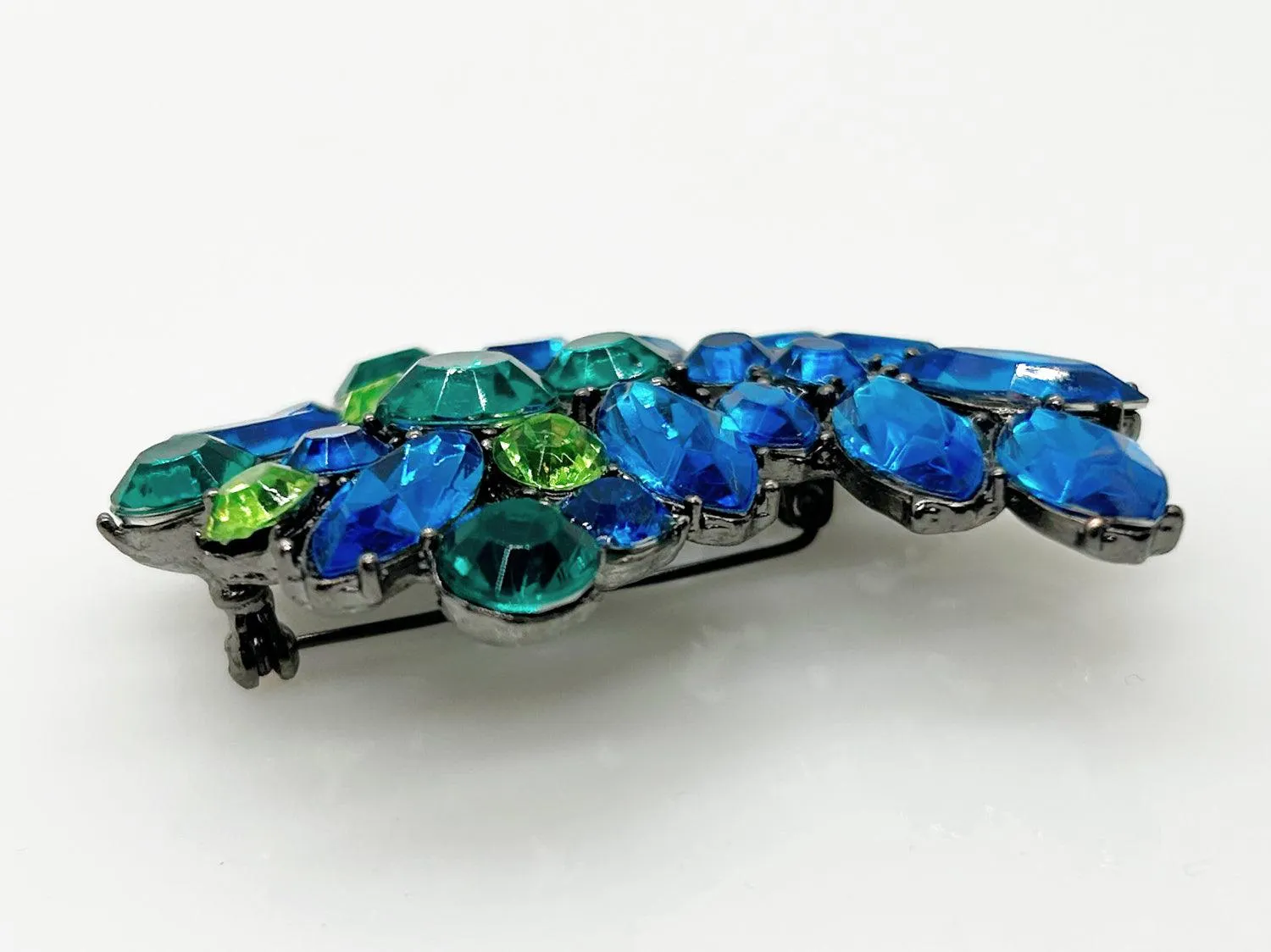 Vivid Vintage Blue, Aqua and Green Stones Brooch in Blackened Metal