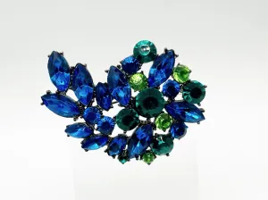 Vivid Vintage Blue, Aqua and Green Stones Brooch in Blackened Metal