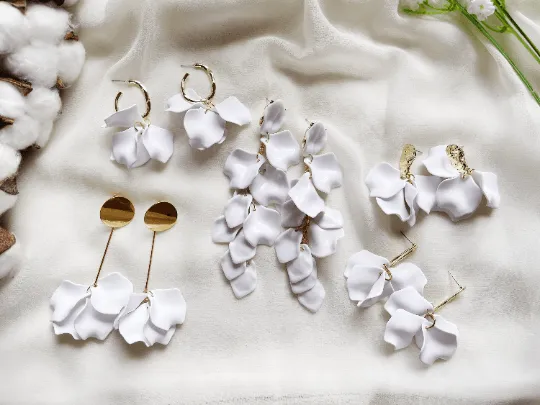 White - Pearl shinny white flowers earrings | frosted petals floral earrings | unique statement |bridal party wedding earrings